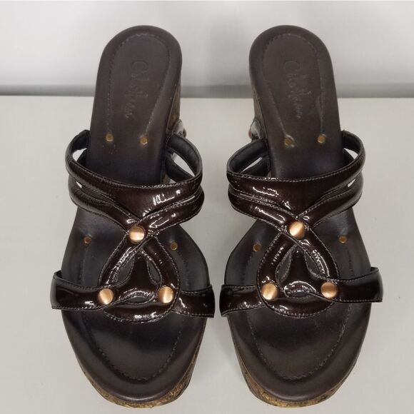 Cole Haan‎ Women's Brown Patent Leather Wedge Cork Heel Sandals Size 6 - Picture 2 of 13